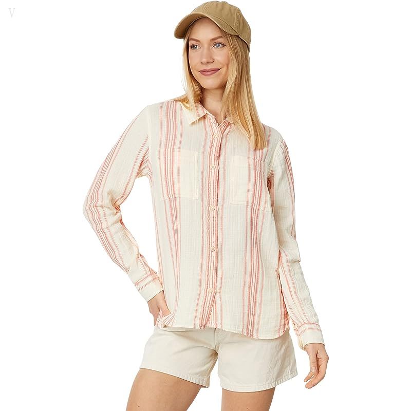 L.L.Bean Cloud Gauze Shirt Long Sleeve Sunlit Coral Stripe ID-a5IrdQaM