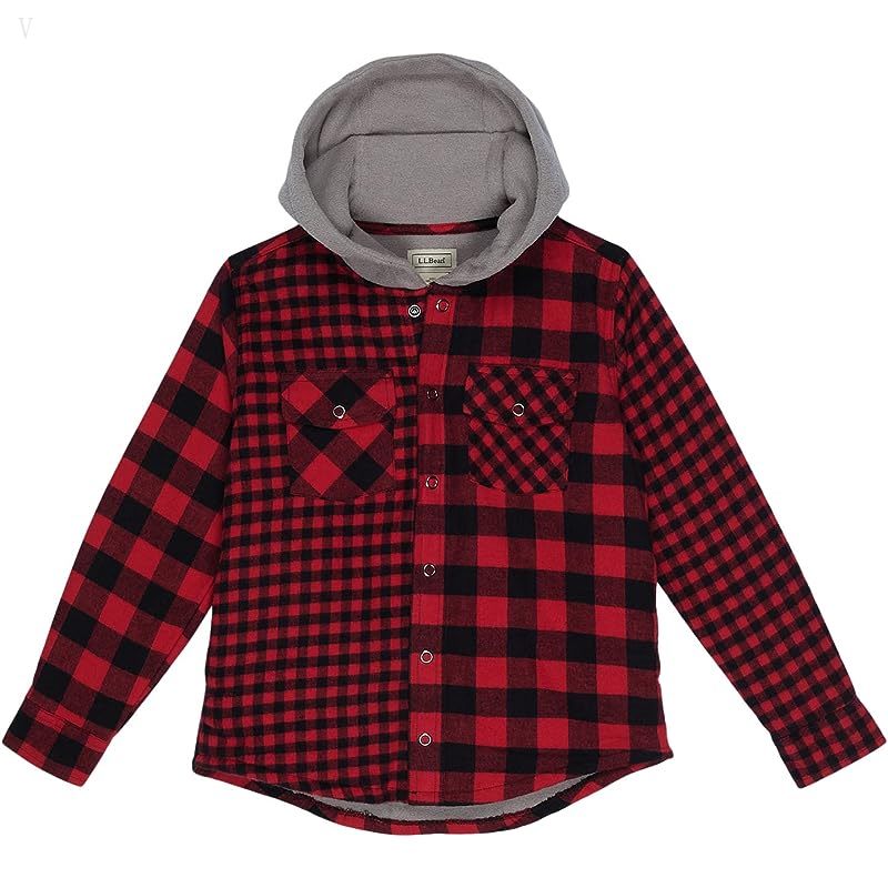 L.L.Bean Fleece Lined Flannel Shirt Hooded Plaid (Little Kids) Deep Red ID-hbNnNdVF
